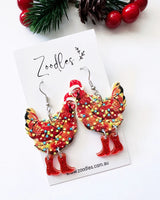 Festive Chicken in Boots Acrylic Dangly Earrings